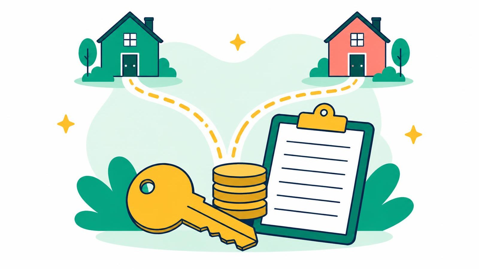 Illustration of two paths leading to two small houses, with a house key, a stack of coins and loan documents in the foreground