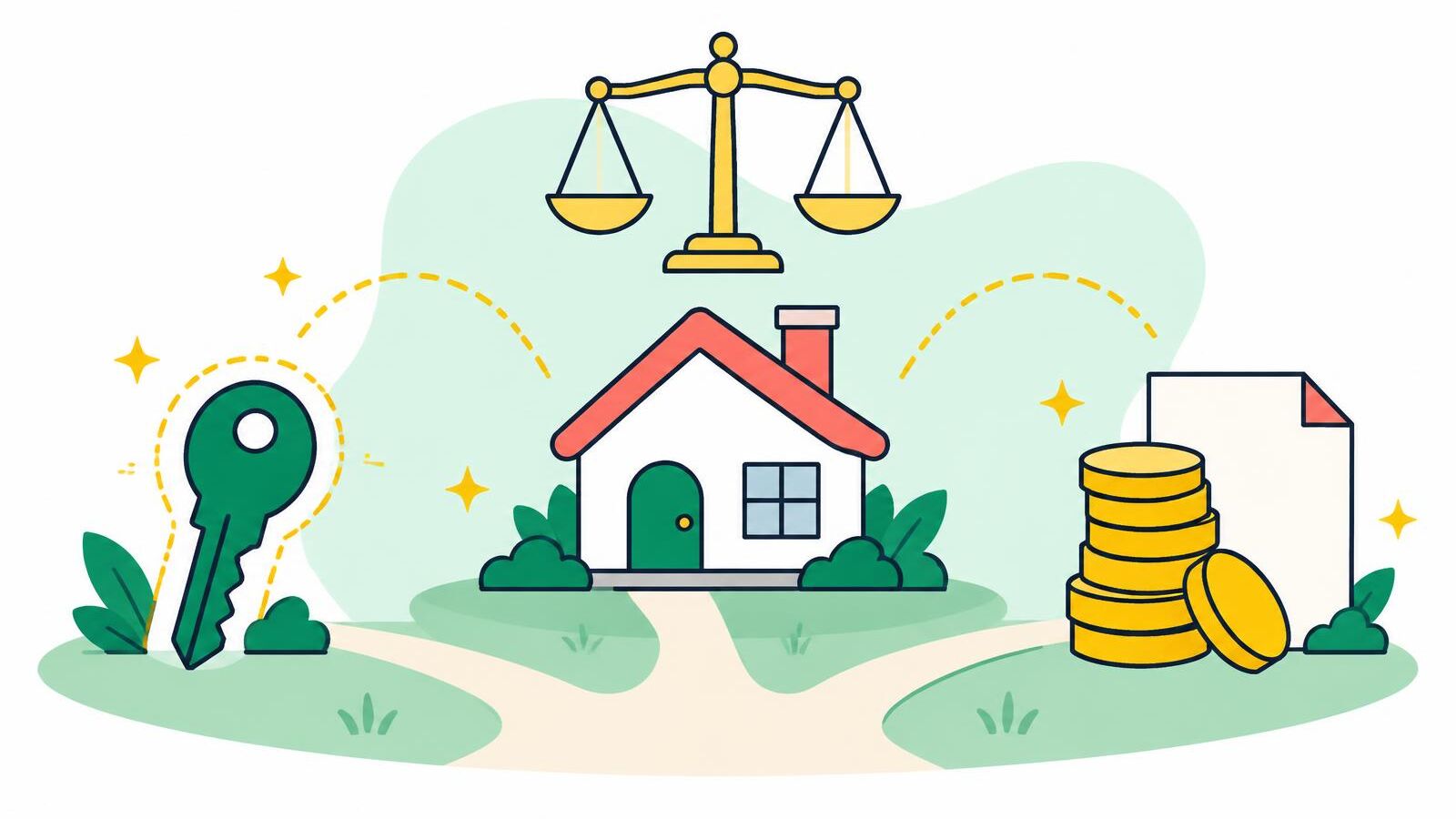 Illustration of a house with a path forking toward a key and a stack of coins, with a balance scale above