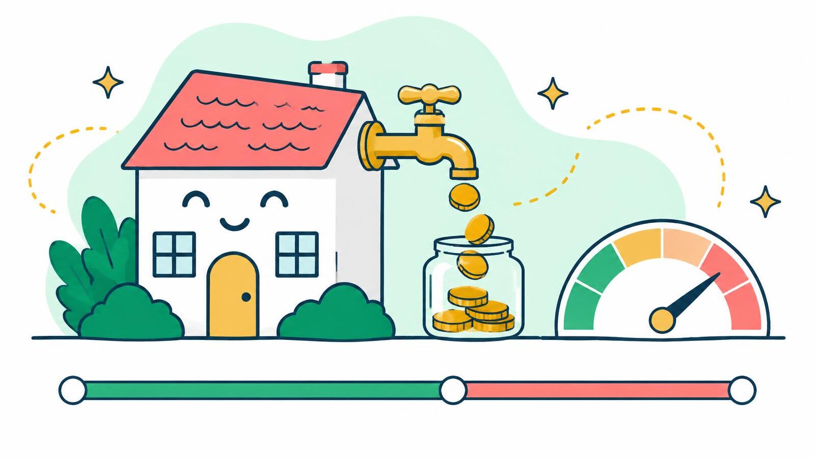 Illustration of a house tap pouring coins into a jar next to a rate gauge and a two-part timeline
