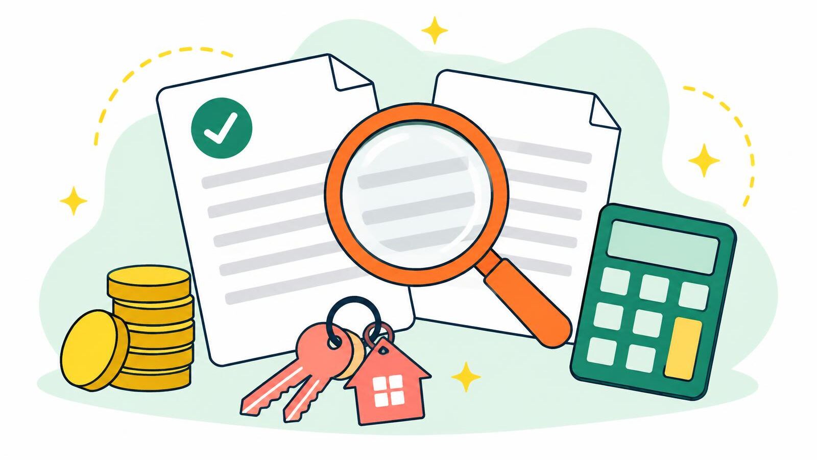 Illustration of two documents compared under a magnifying glass with a calculator, house keys and coins