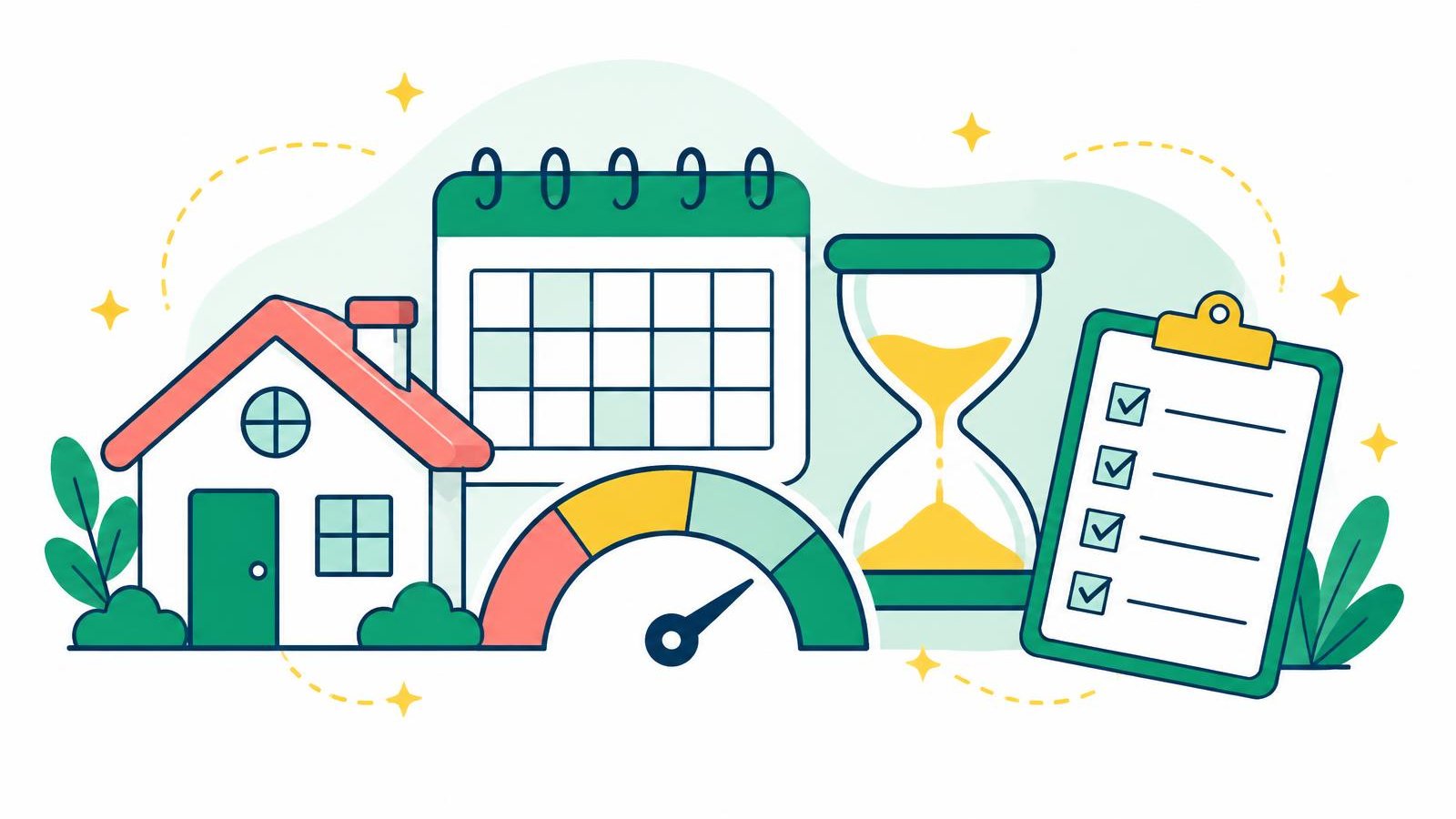 Illustration of a house beside a calendar, an hourglass and a rate gauge, with a checklist on a clipboard
